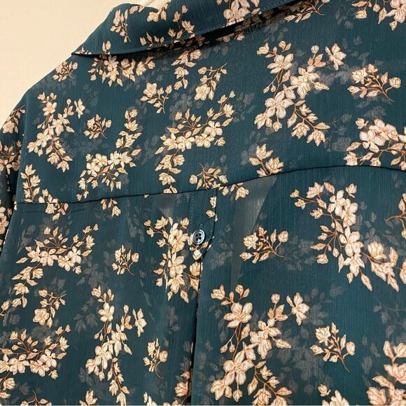 Peace and Pearl dark green micro floral semi sheer button up blouse top plus XXL - Picture 6 of 13